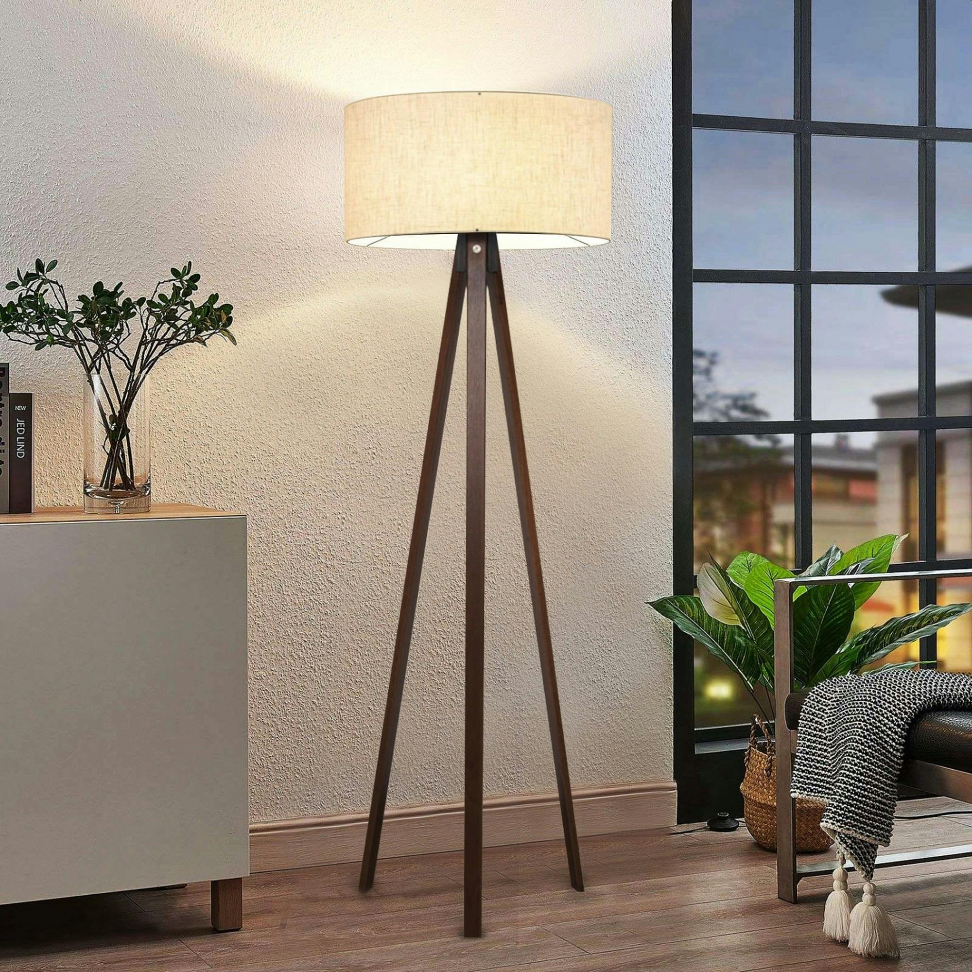 Lampadaire trépied effet bois brun, abat-jour beige KILIS