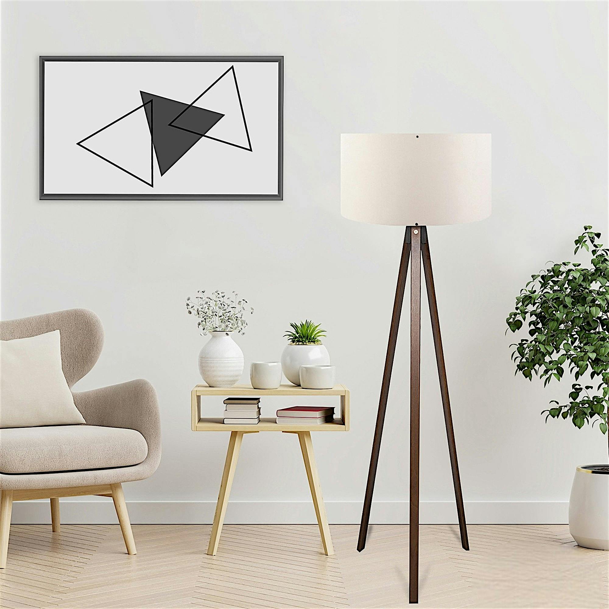 Lampadaire trépied effet bois brun, abat-jour écru KILIS