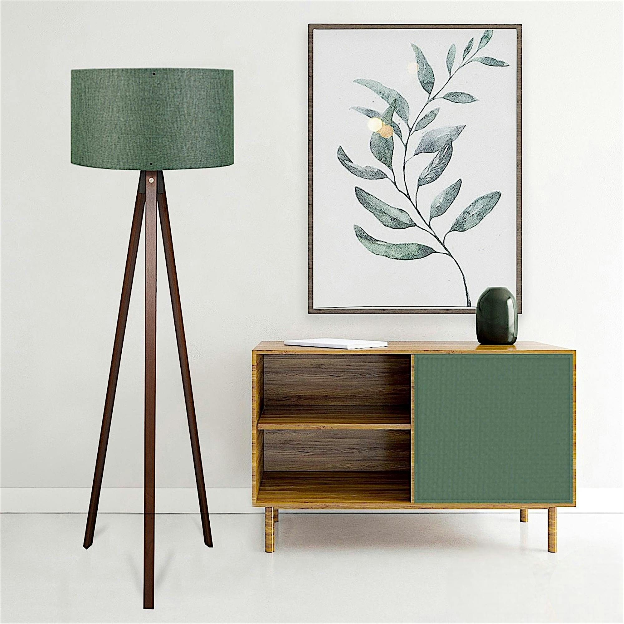 Lampadaire trépied effet bois brun, abat-jour vert KILIS