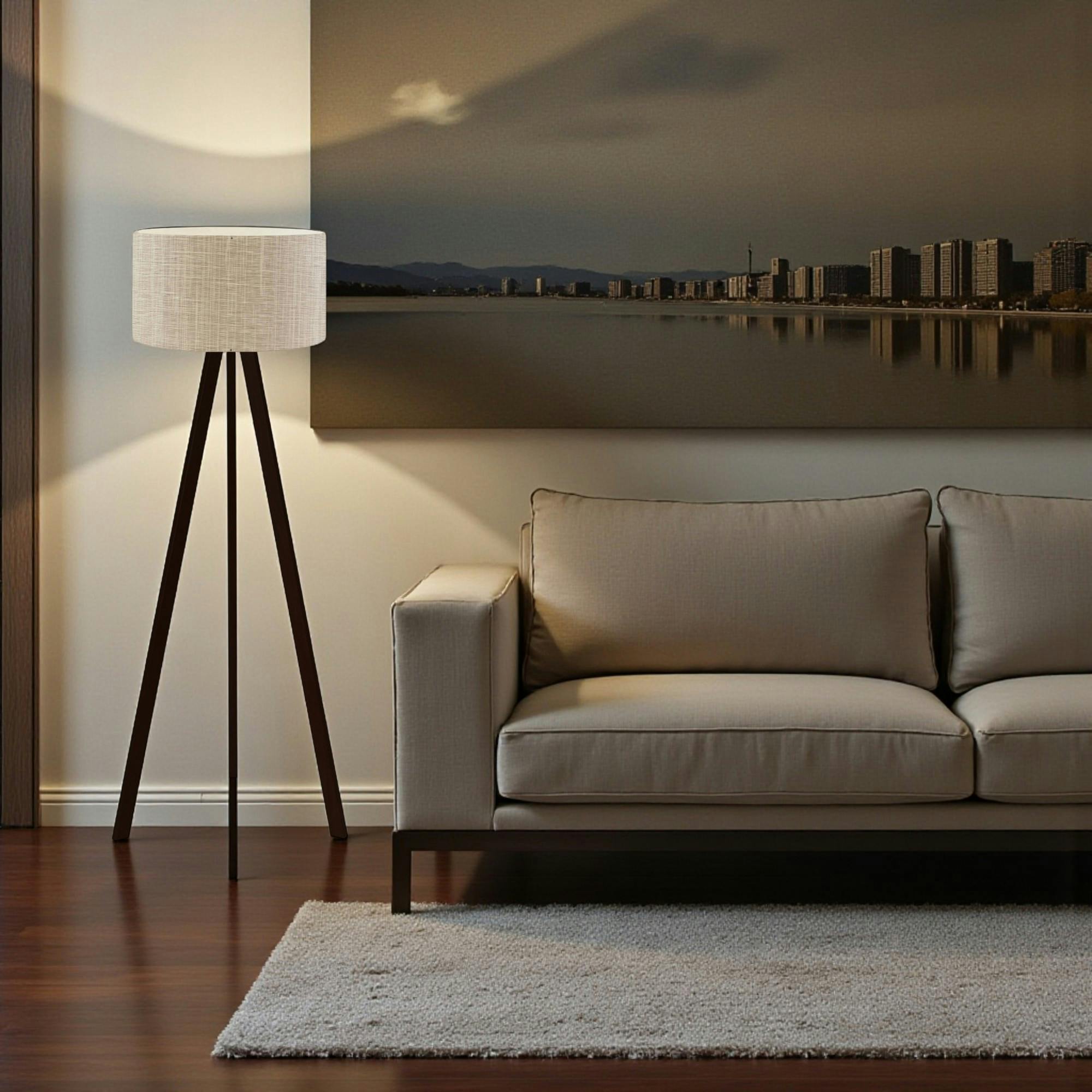 Lampadaire trépied effet bois noir, abat-jour beige chiné KILIS