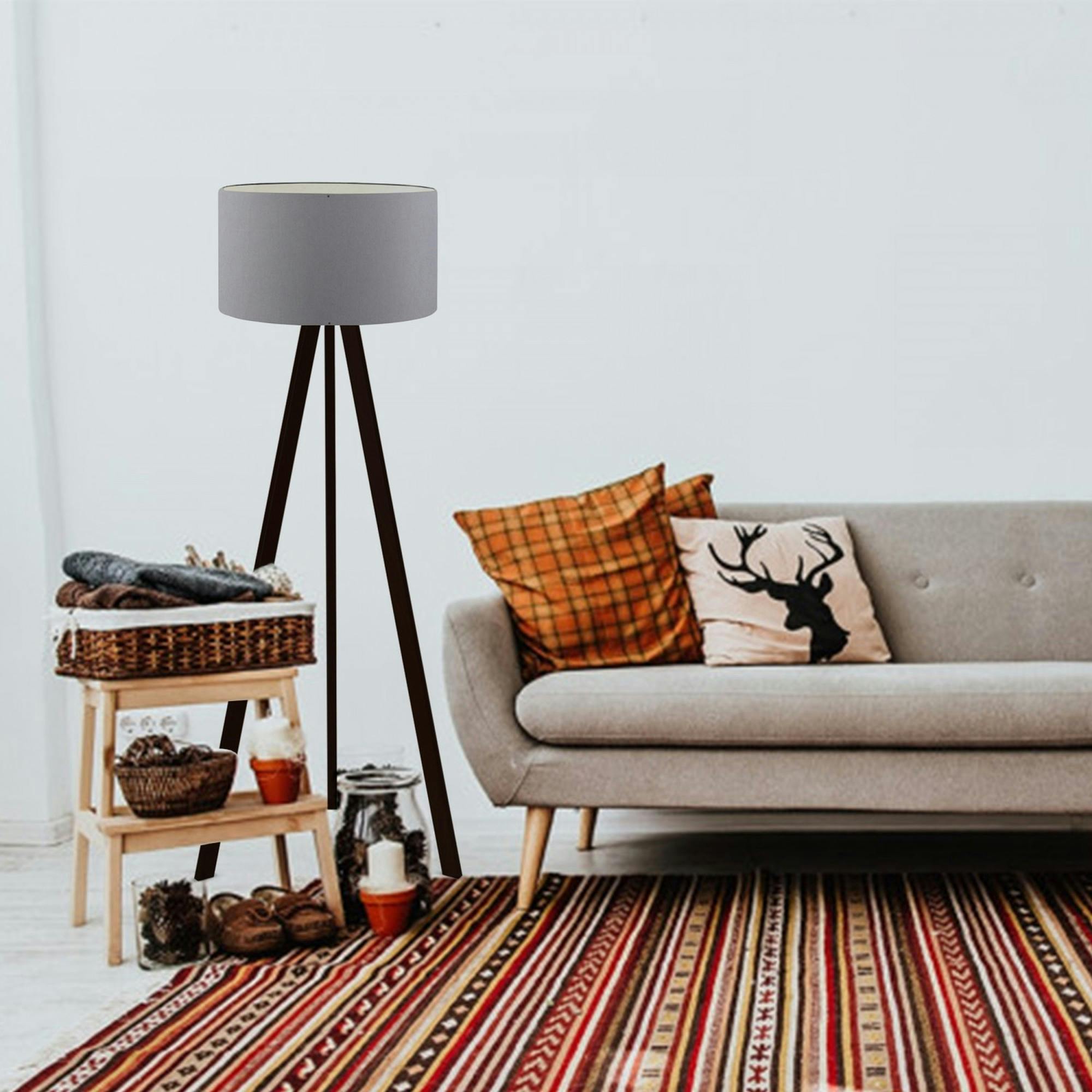 Lampadaire trépied effet bois noir, abat-jour gris Ø38 cm KILIS