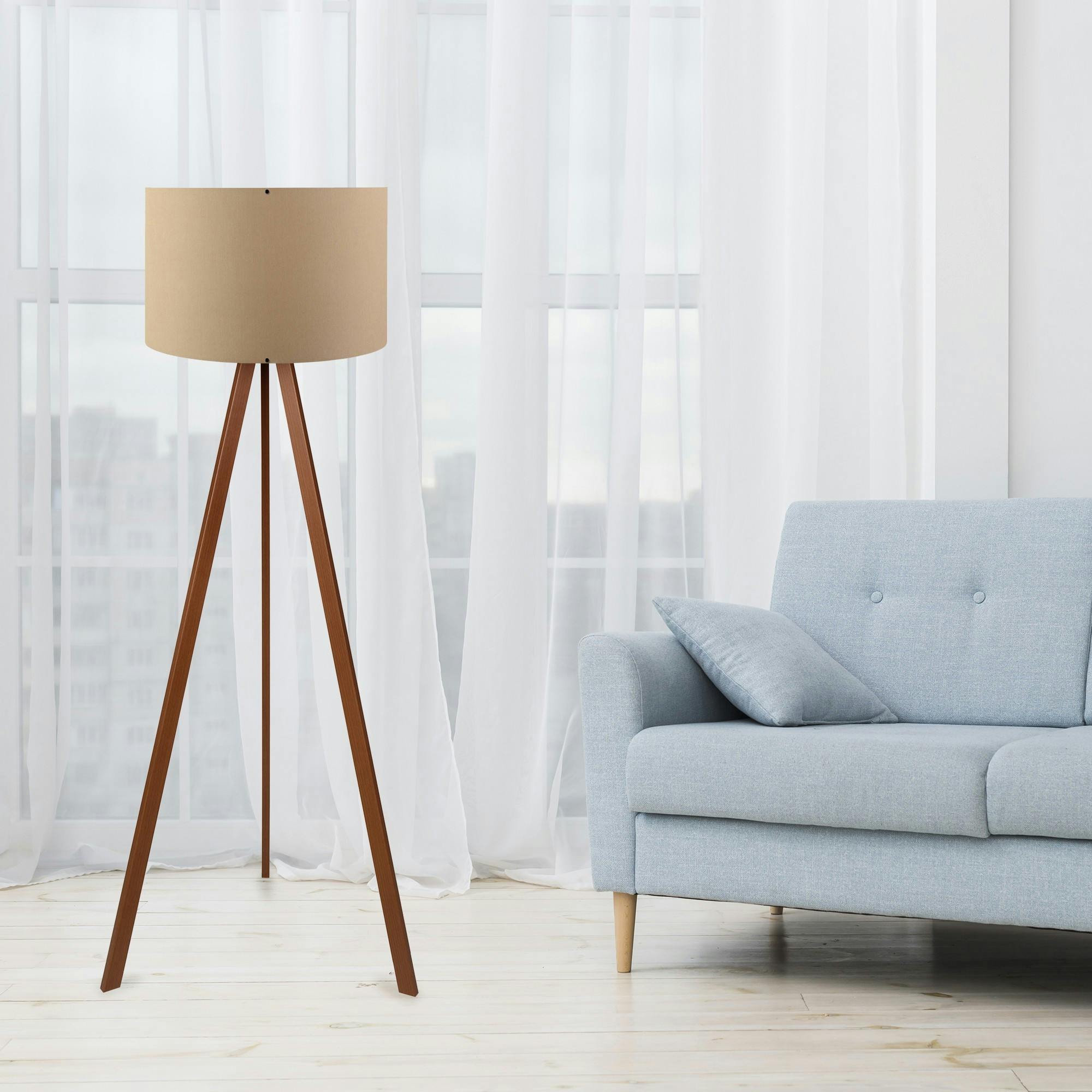 Lampadaire trépied effet bois noyer, abat-jour beige KILIS