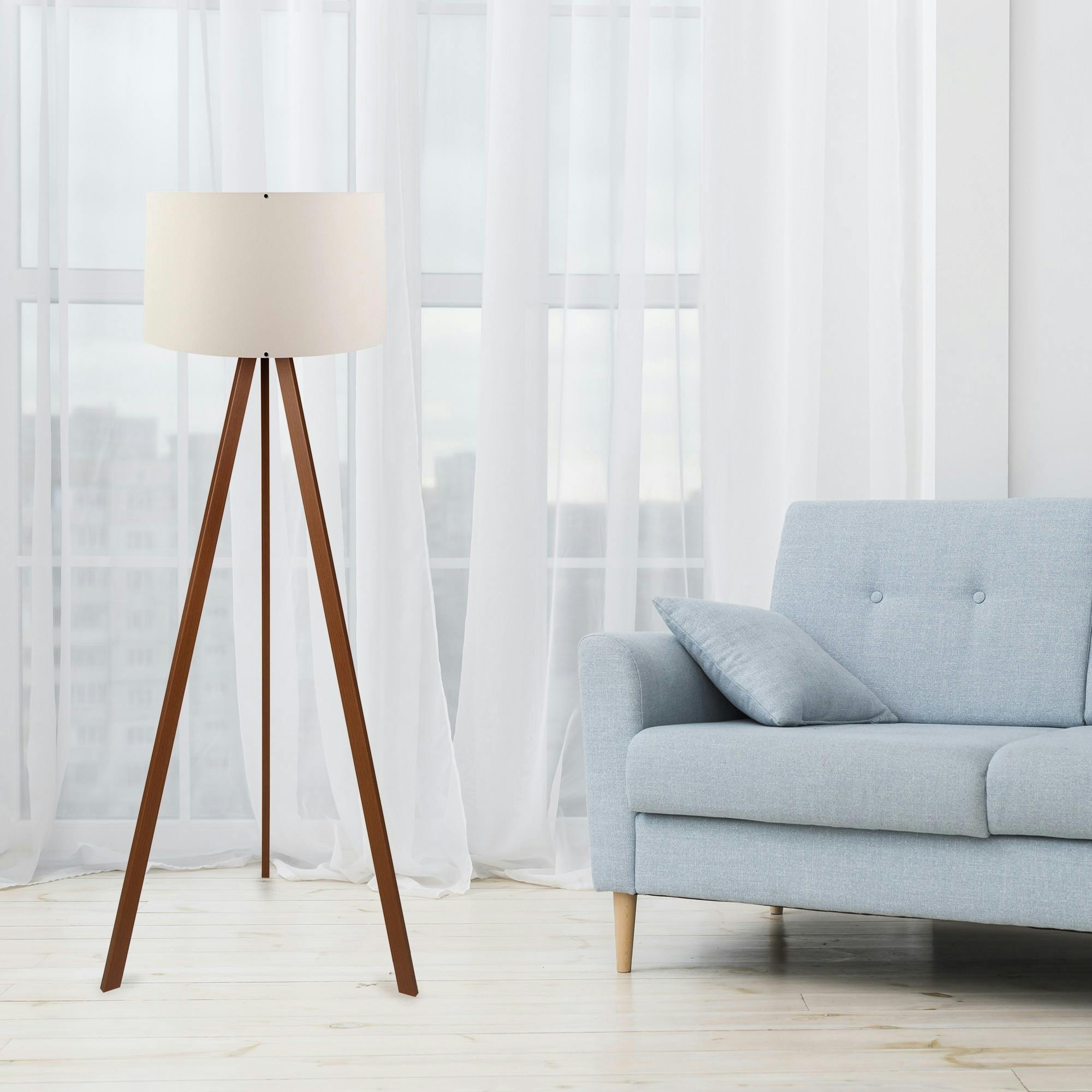 Lampadaire trépied effet bois noyer, abat-jour écru KILIS