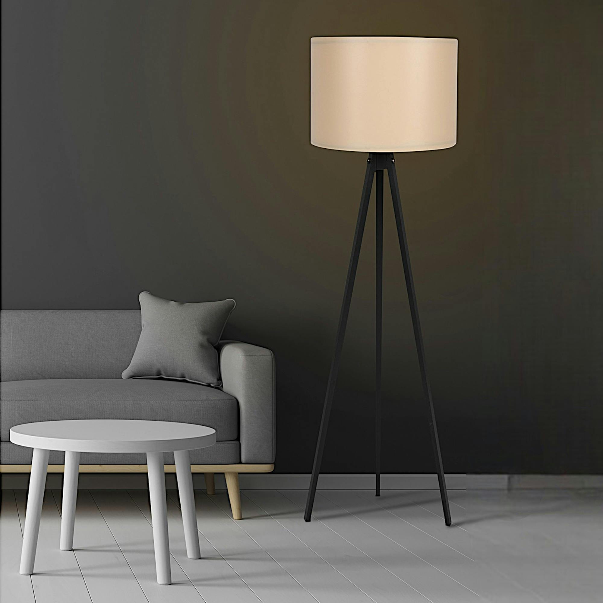 Lampadaire trépied noir et abat-jour beige KILIS
