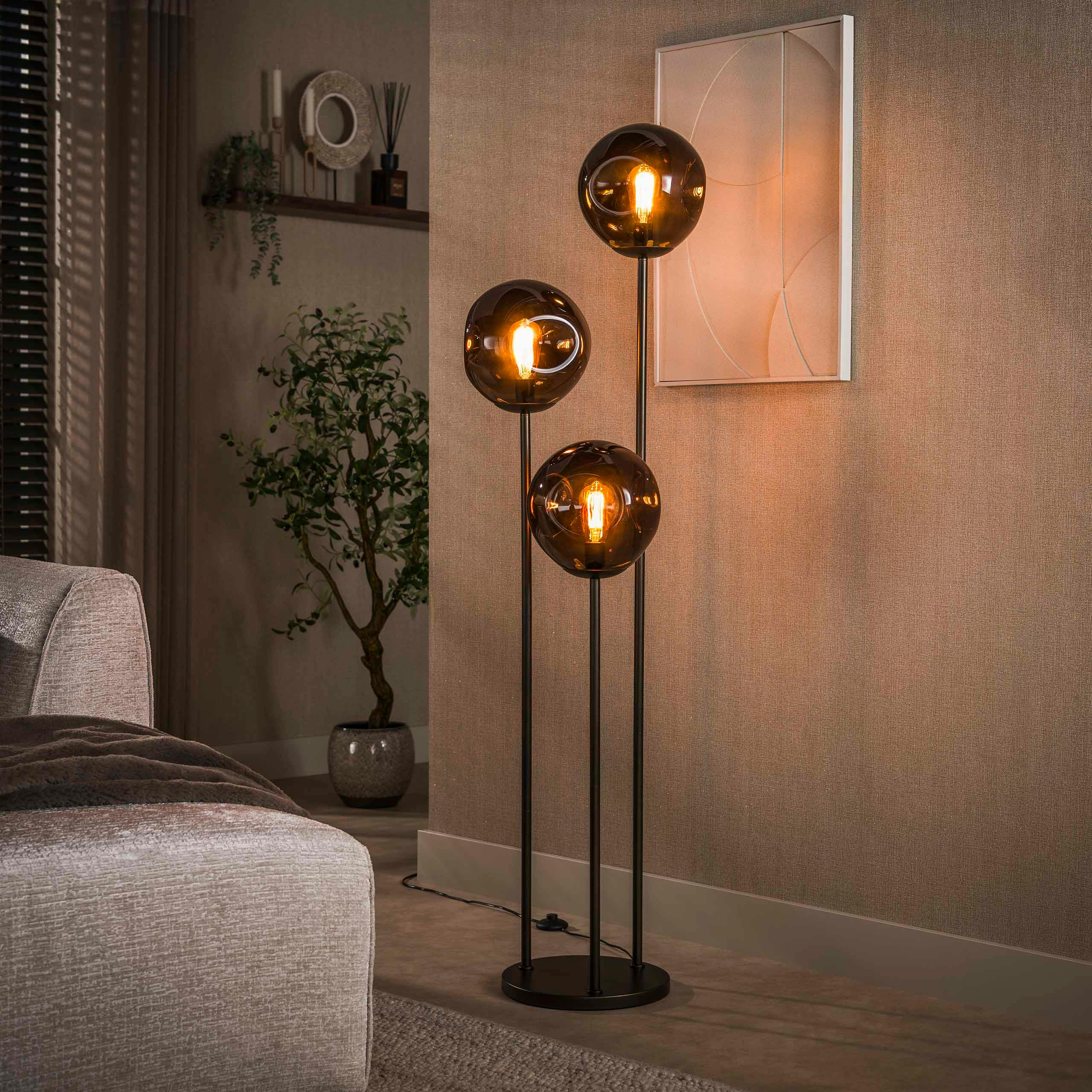Lampadaire vintage verre brun 3 globes sur tige bronze NIAGARA