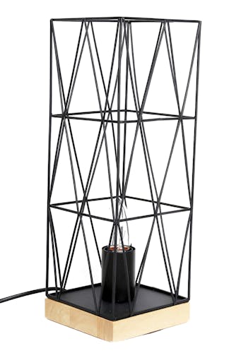 Lampe à poser en métal noir façon cage et support bois H37,5cm