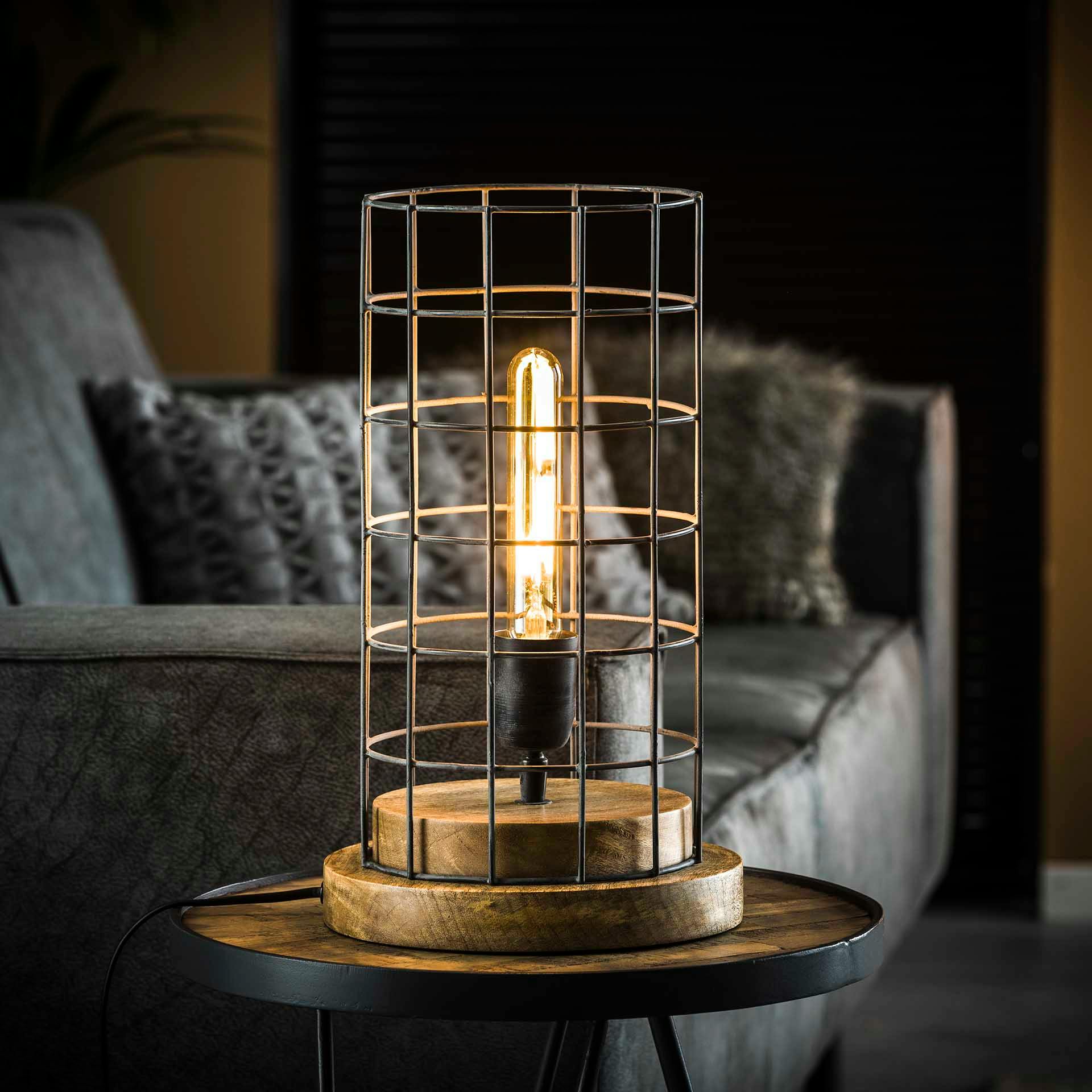 Lampe à poser industrielle grillagée socle bois RALF