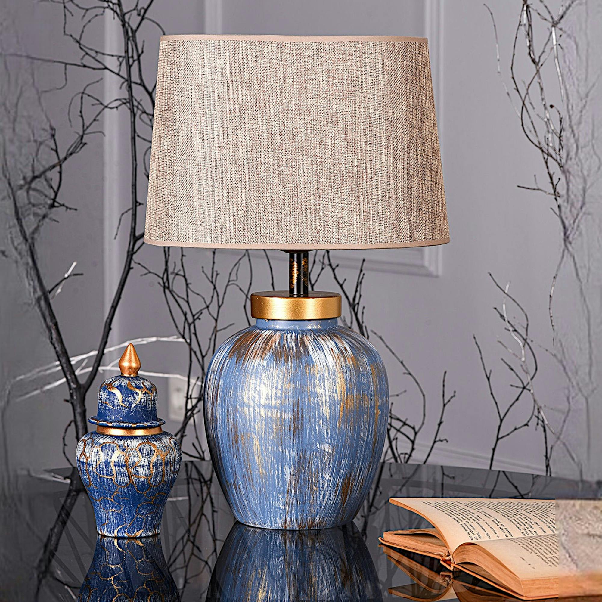 Lampe à poser moderne bleu & or, abat-jour en tissu KARS