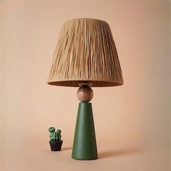 Lampe à poser rustique verte, abat-jour tissu plissé KARS