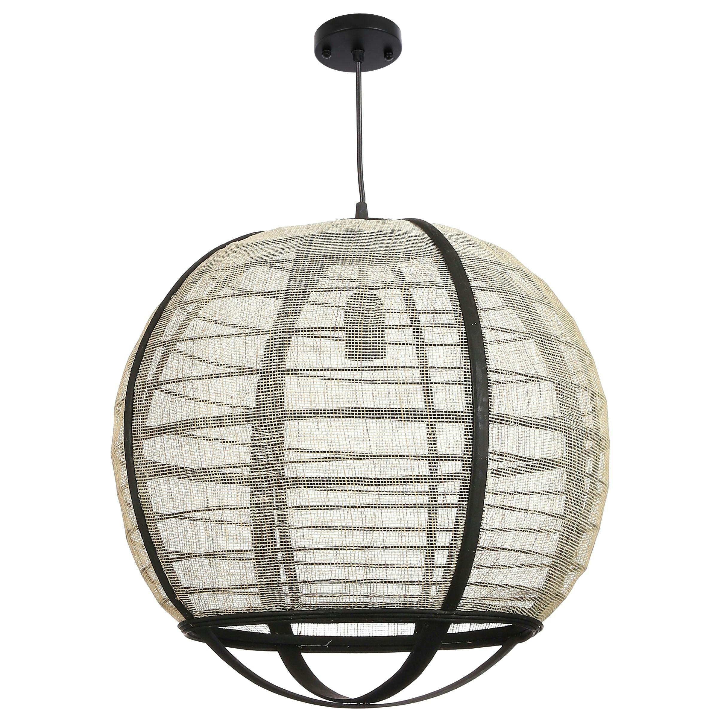 Lampe boule noire rotin et tissu