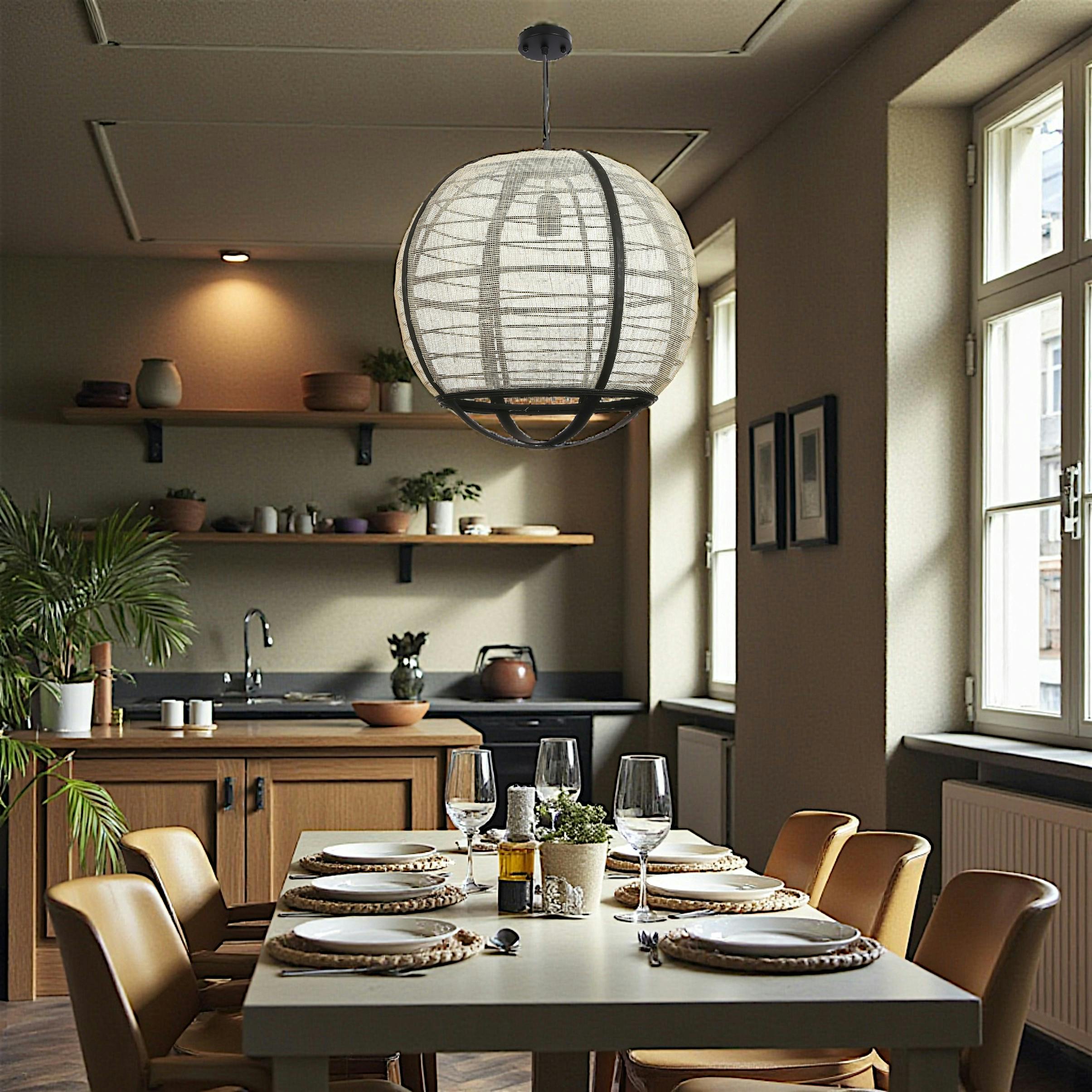 Lampe boule noire rotin et tissu