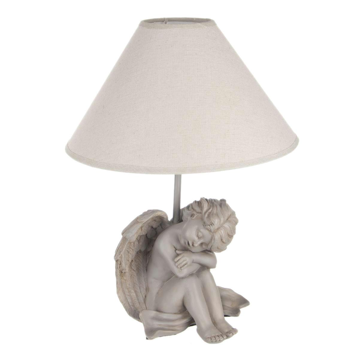 Lampe charme pied Ange en résine grise et abat-jour écru D29,5xH40cm - Modèle A