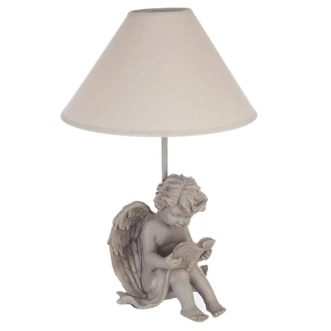 Lampe charme pied Ange en résine grise et abat-jour écru D29,5xH40cm - Modèle B