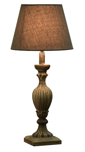 Lampe charme pied bois gris patiné façonné base carrée et abat-jour lin gris D25xH55cm