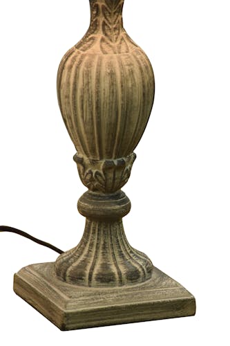 Lampe charme pied bois gris patiné façonné base carrée et abat-jour lin gris D25xH55cm