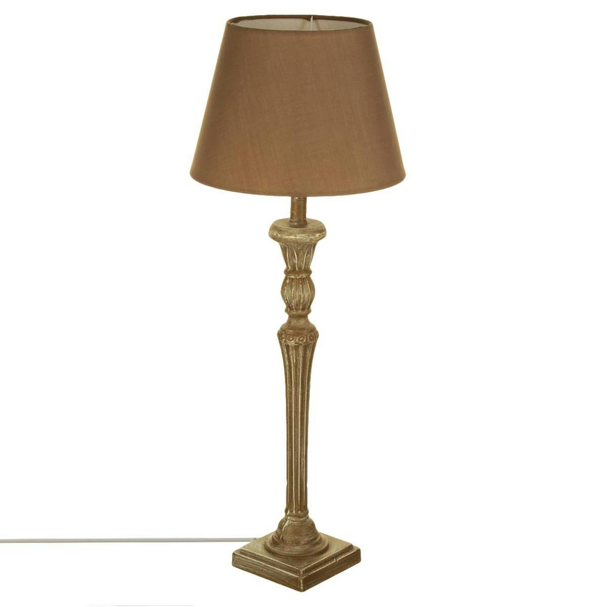 Lampe Charme pied bois taupe forme Tulipe base carrée et abat-jour coton taupe D25xH66cm