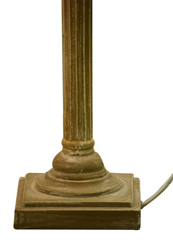 Lampe Charme pied bois taupe forme Tulipe base carrée et abat-jour coton taupe D25xH66cm