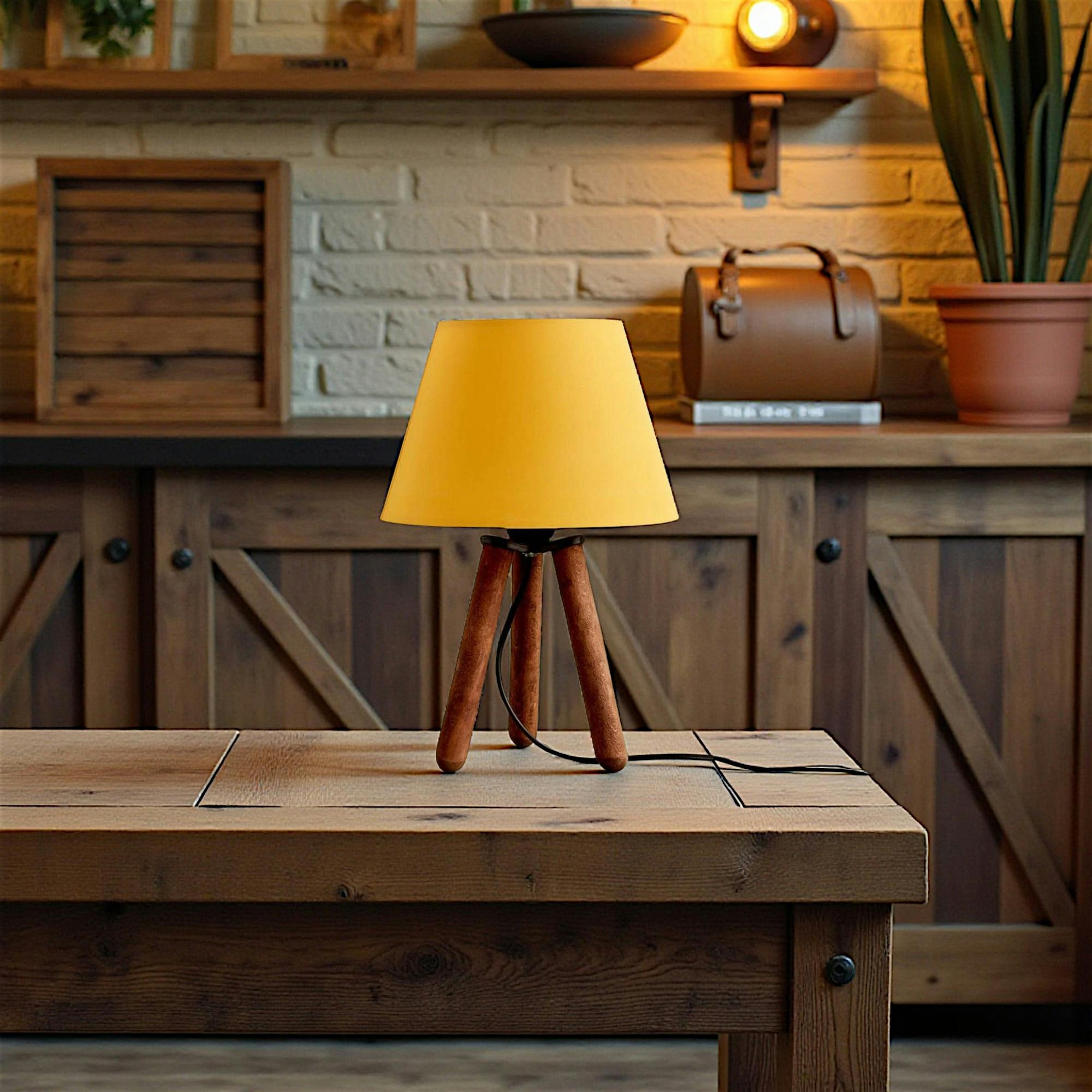 Lampe de chevet trépied moderne, abat-jour jaune KILIS