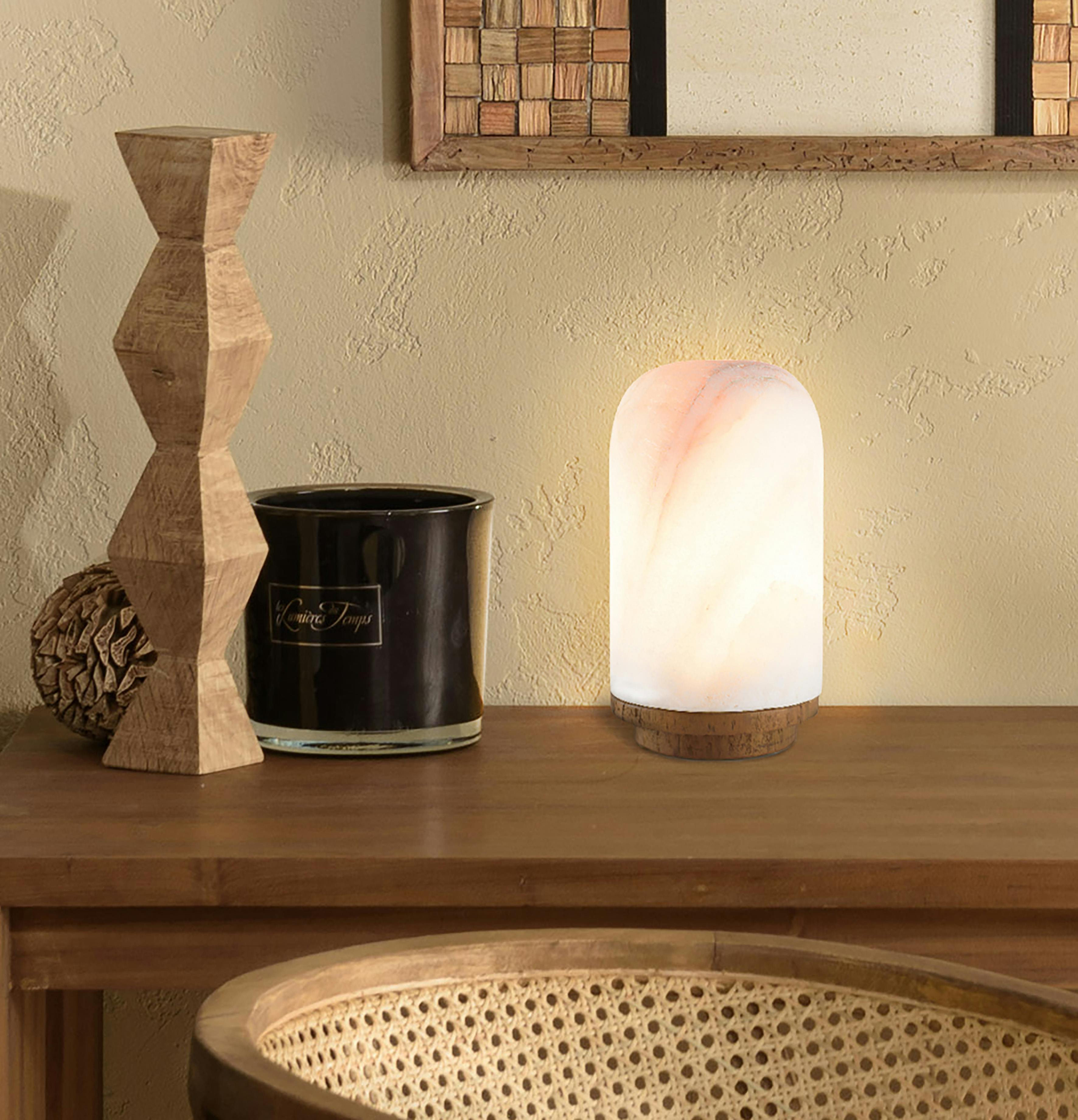 Lampe de table 10x10cm en pierre naturelle d'onyx et teck FOLELLI