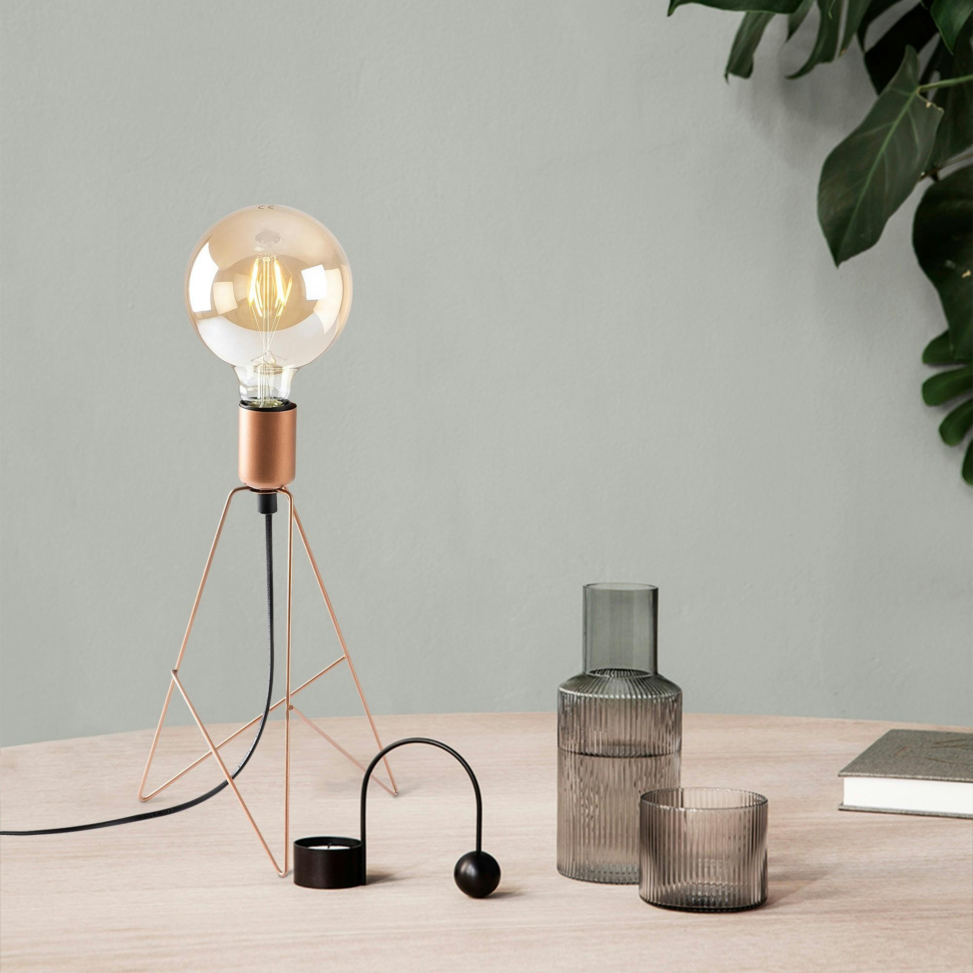 Lampe de table trépied, design filaire cuivré SILE