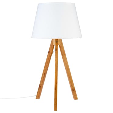  Lampe en bambou forme trépied et abat-jour coton blanc D28xH55cm