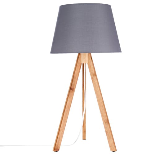 Lampe en bambou forme trépied et abat-jour coton gris foncé D28xH55cm