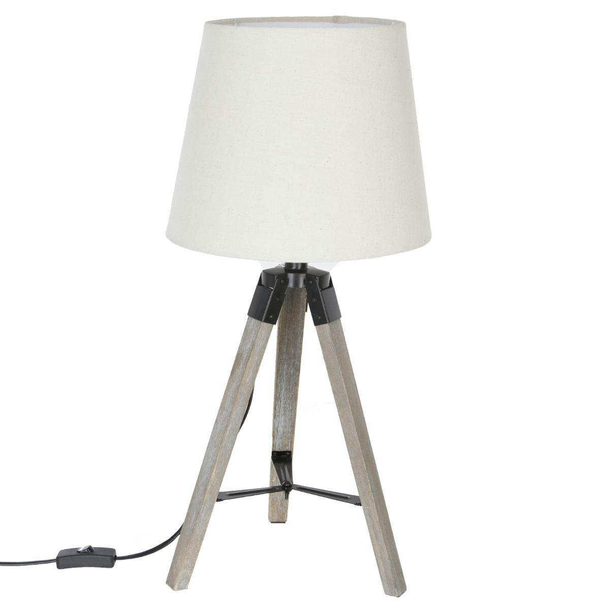 Lampe en bois grisé forme trépied et abat-jour coton couleur lin D28xH58cm