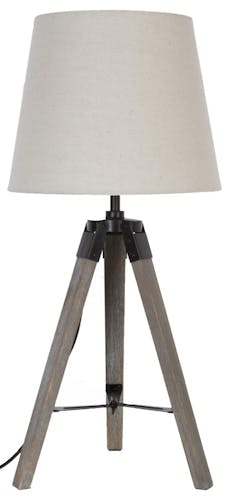 Lampe en bois grisé forme trépied et abat-jour coton couleur lin D28xH58cm