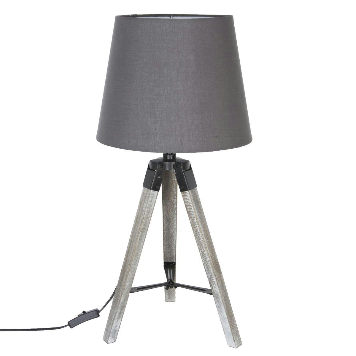 Lampe en bois grisé forme trépied et abat-jour coton gris D28xH58cm
