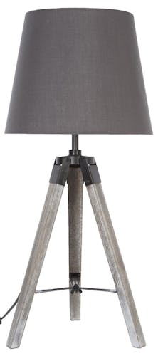 Lampe en bois grisé forme trépied et abat-jour coton gris D28xH58cm