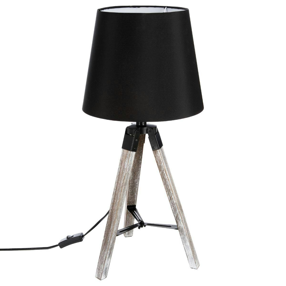 Lampe en bois grisé forme trépied et abat-jour coton noir D28xH58cm