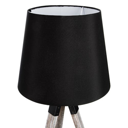 Lampe en bois grisé forme trépied et abat-jour coton noir D28xH58cm