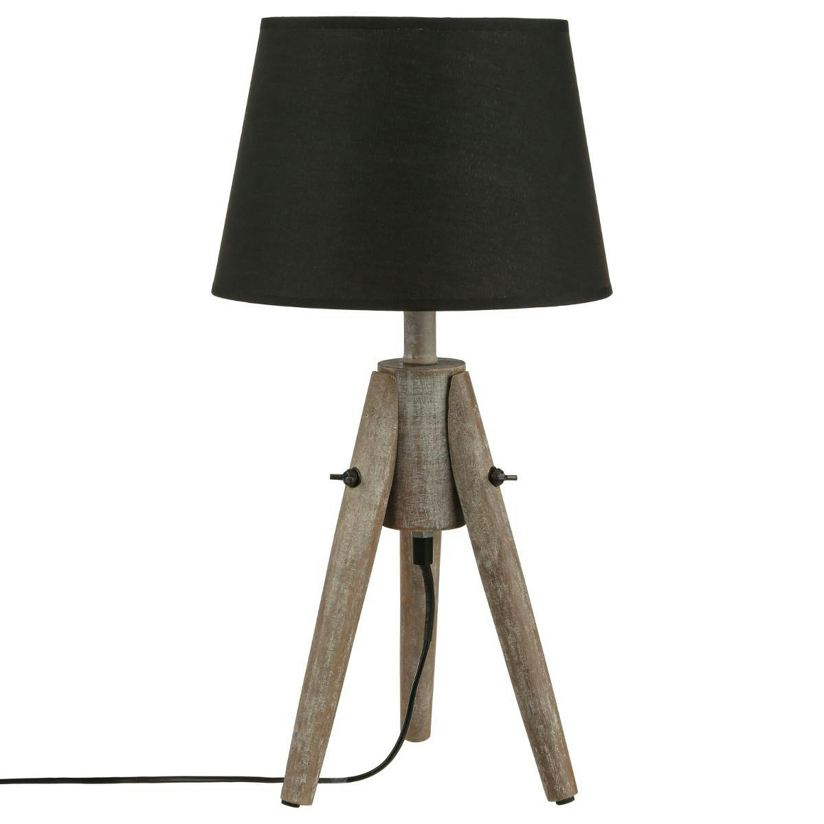 Lampe en bois pied forme trépied et abat-jour gris forme cône D24xH46cm