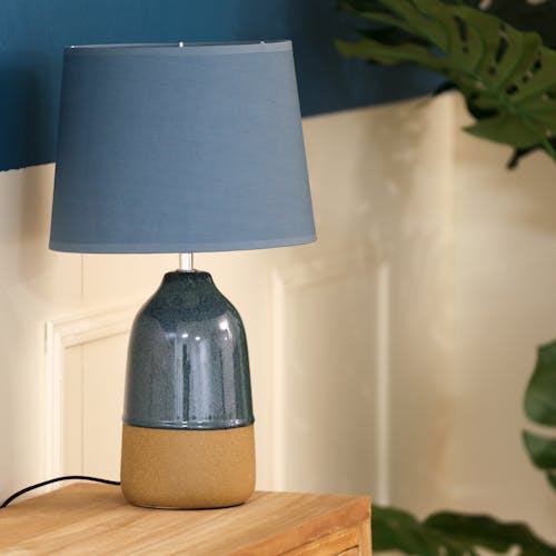 Lampe en céramique bleue pied bicolore 43 cm
