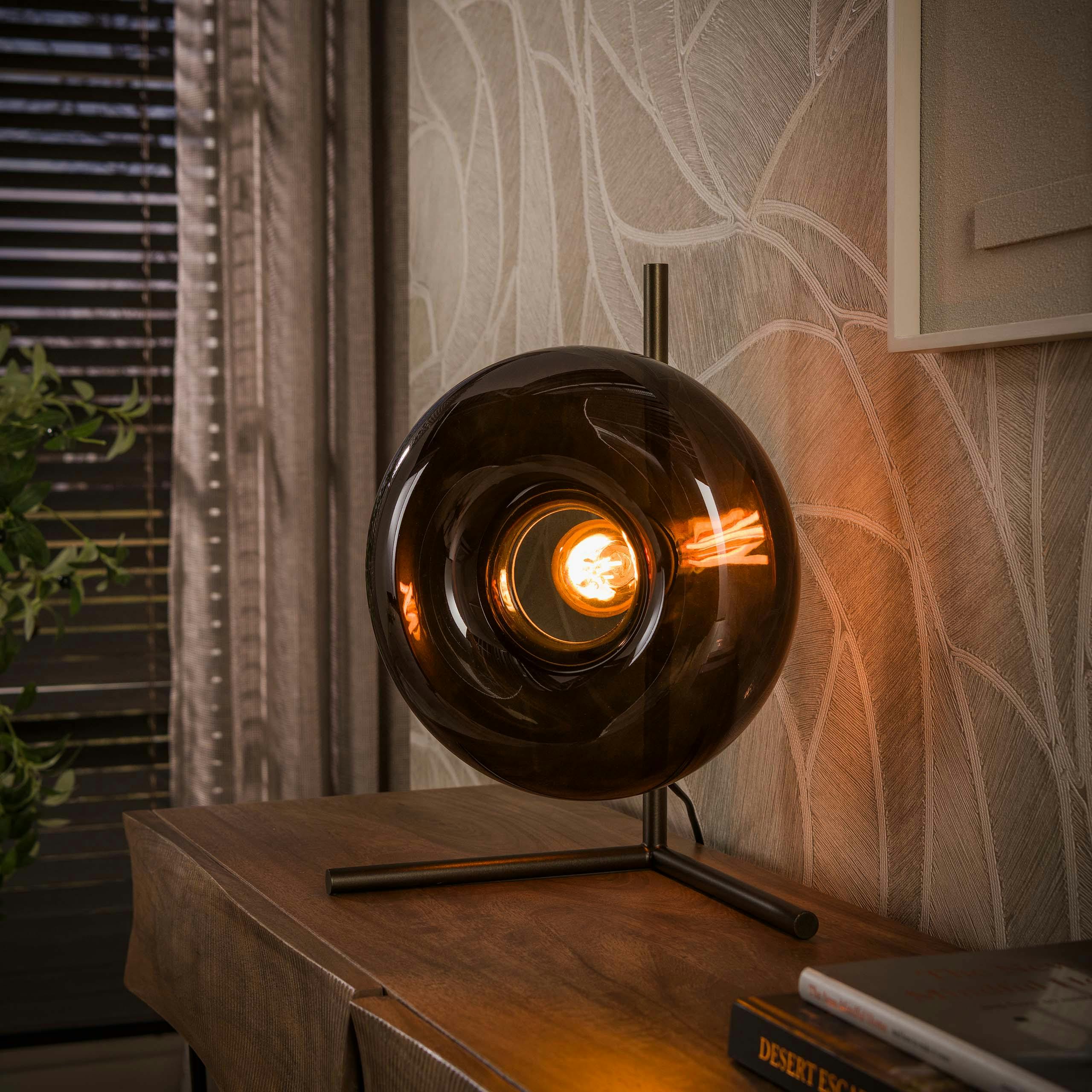 Lampe en verre brun pied métal bronze NIAGARA