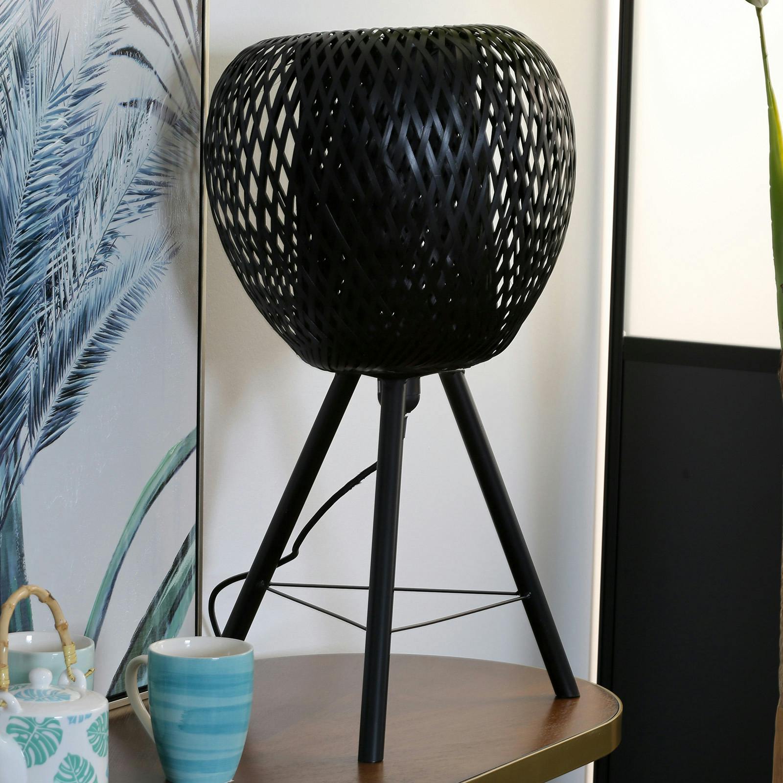 Lampe forme Pomme en bambou ajouré noir et pieds métal D33xH59cm