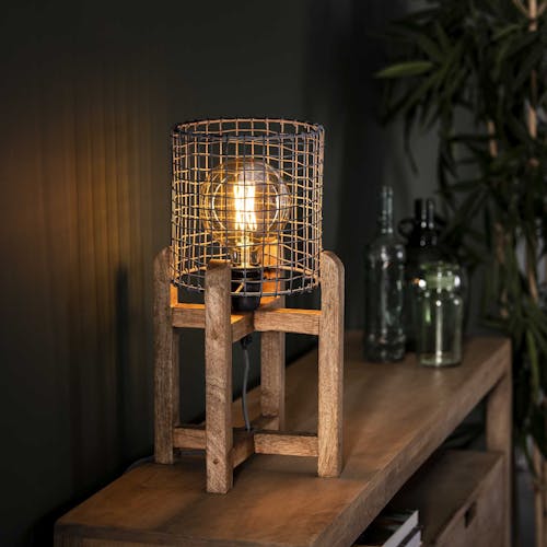 Lampe industrielle grillagée support bois de manguier LUCKNOW