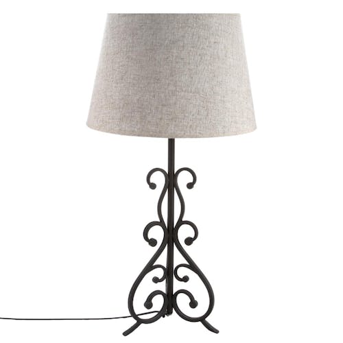 Lampe métal noir arabesque et abat-jour coton chiné couleur écru D40xH74cm