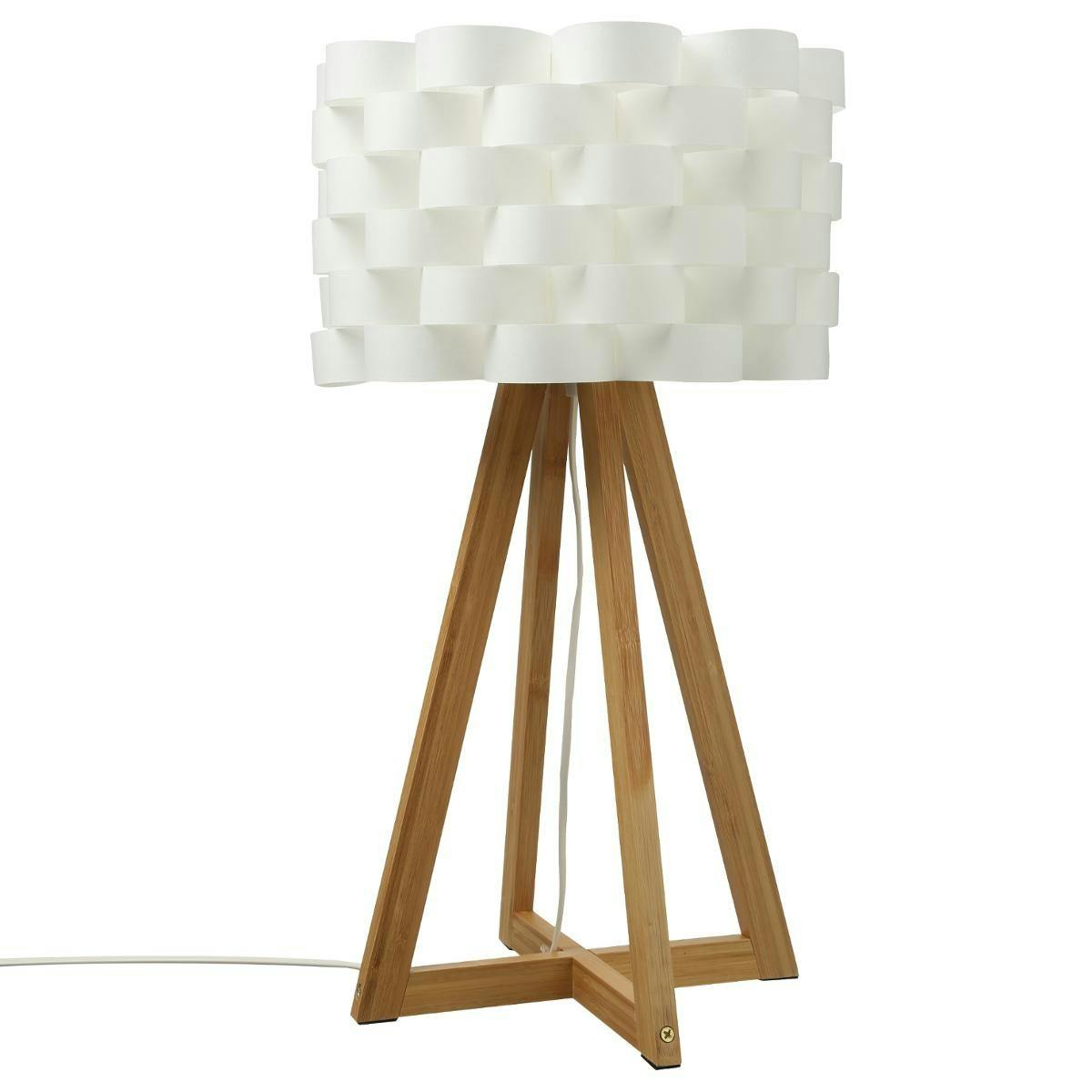 Lampe pied croisé bambou naturel et abat-jour écru forme fleur D30xH55cm