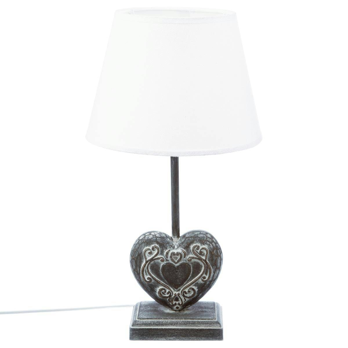 Lampe pied forme c?ur pied bois gris patiné et abat-jour blanc D25xH49cm