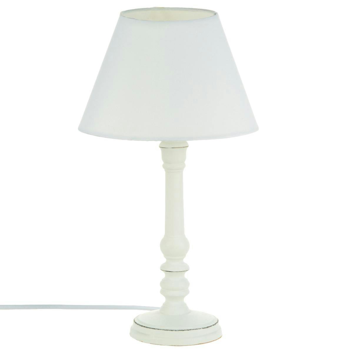 Lampe pied tourné bois blanc base ronde et abat-jour coton blanc D20xH36cm