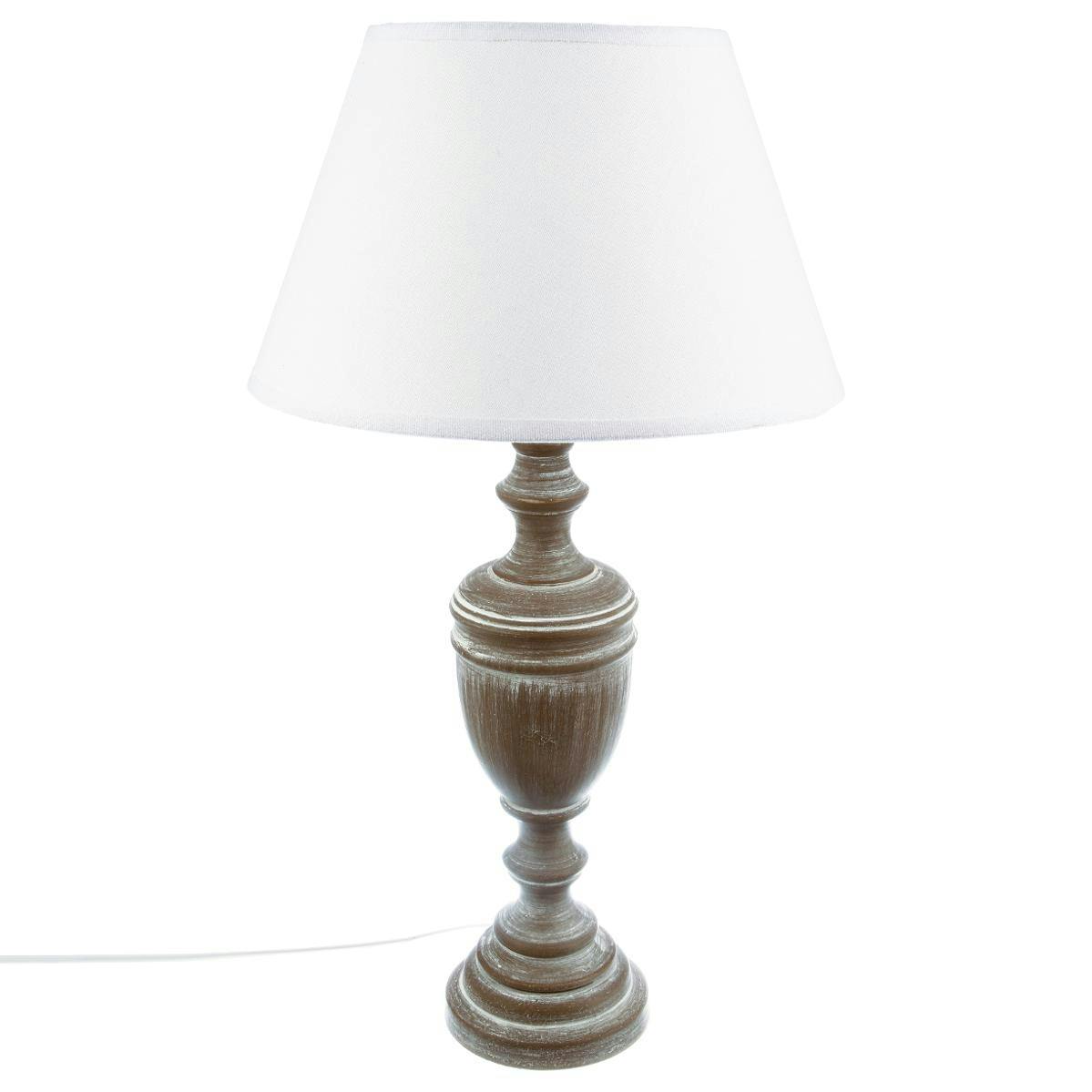 Lampe pied tourné bois patiné couleur taupe base ronde et abat-jour lin blanc D30xH61cm