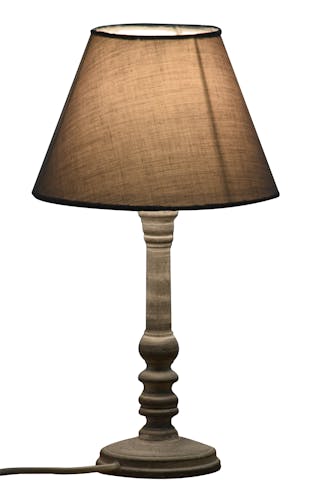 Lampe pied tourné bois patiné gris base ronde et abat-jour coton gris D20xH36cm
