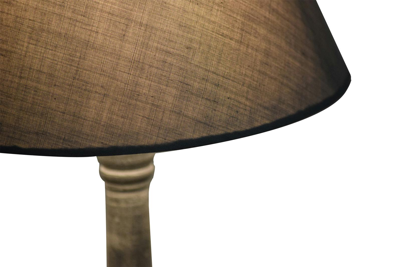 Lampe pied tourné bois patiné gris base ronde et abat-jour coton gris