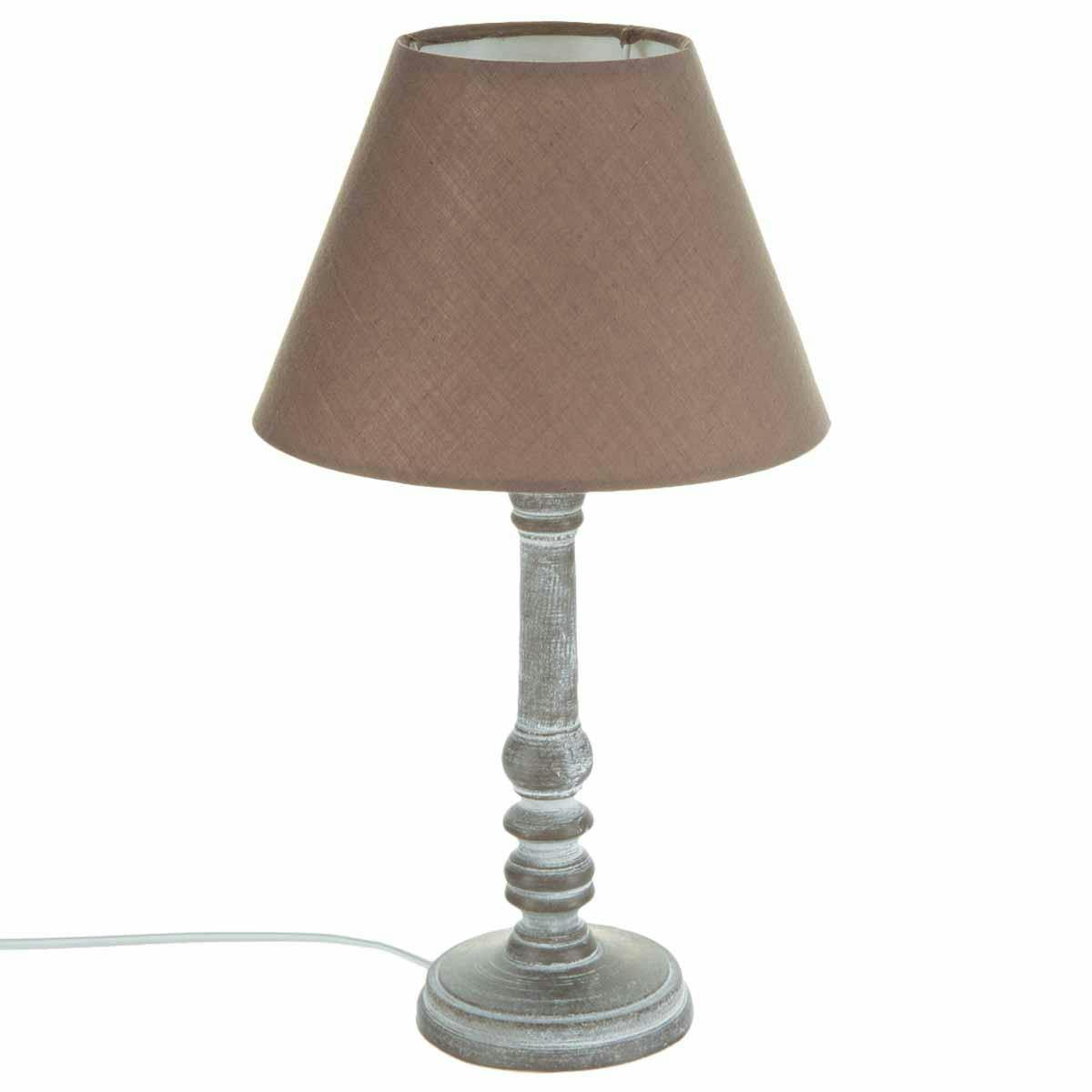 Lampe pied tourné bois patiné gris base ronde et abat-jour coton taupe D20xH36cm