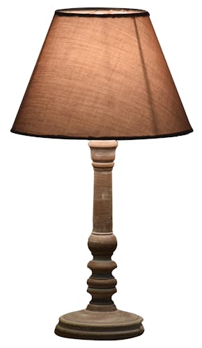 Lampe pied tourné bois patiné gris base ronde et abat-jour coton taupe D20xH36cm