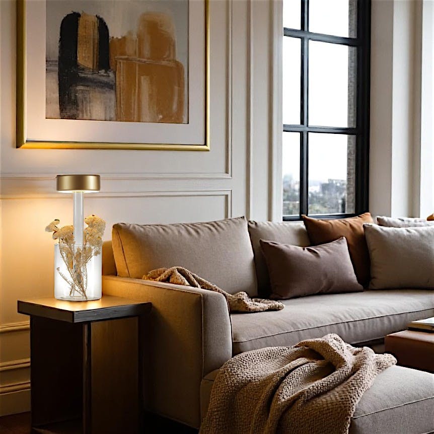 Lampe rechargeable dorée avec vase en verre design ALMA