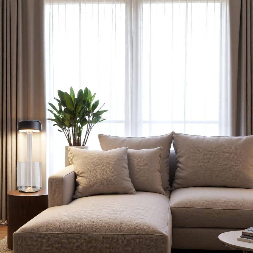 Lampe rechargeable noire avec vase en verre design ALMA