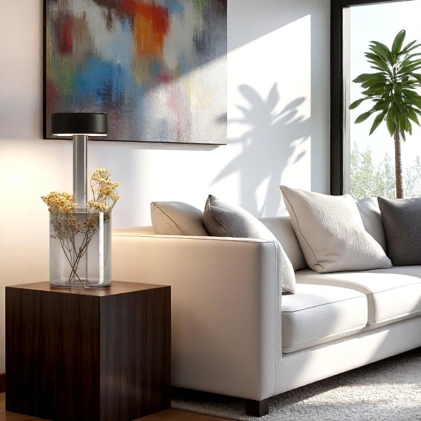 Lampe sans fil noire, avec vase en verre fumé ALMA