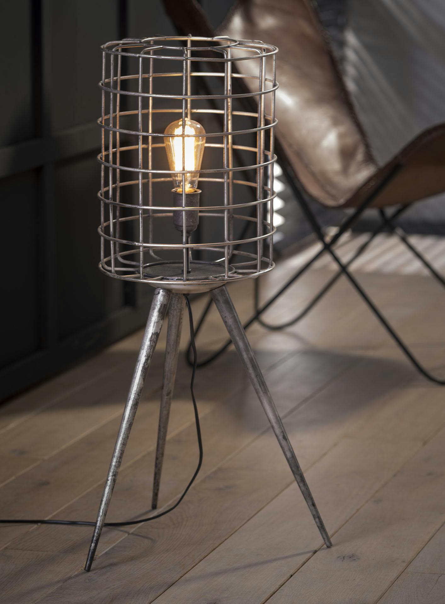 Lampe trépied abat-jour grillage métal argenté 80cm TRIBECA